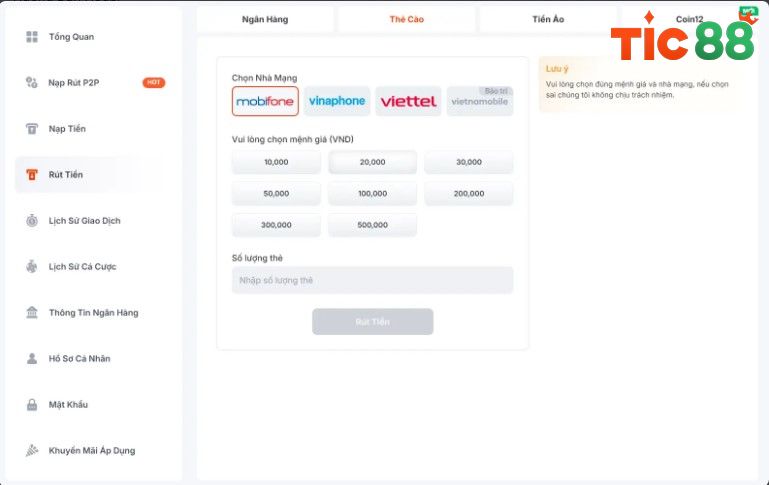 Rút tiền tại Tic88